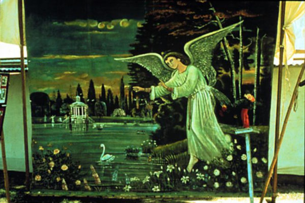 Painter unknown. Angel Backdrop n.d. Oil on seamed heavy canvas, Guatemala, 251.46 x 297.18 cm. Collection of Ann Parker and Avon Neal (date unknown)