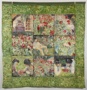 a large quilt is painted with a green border to reference grass. The 6 large square quilted sections each depict a scene from a garden party. A window to the house from the garden; red flowers growing wildly, a person with light skin is sitting in a floral patch with sunglasses on; two people with black hair pick fruit from a small bowl.